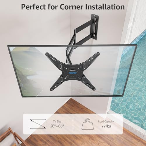 Image of MOUNTUP Outdoor Long Arm TV Wall Mount for 26-65 inch TVs, Waterproof & Rustproof Outside Full Motion Bracket with Stainless Steel Screws, 37.4'' Long Extension Corner TV Mount Hold 77 lbs, VESA 400x400mm