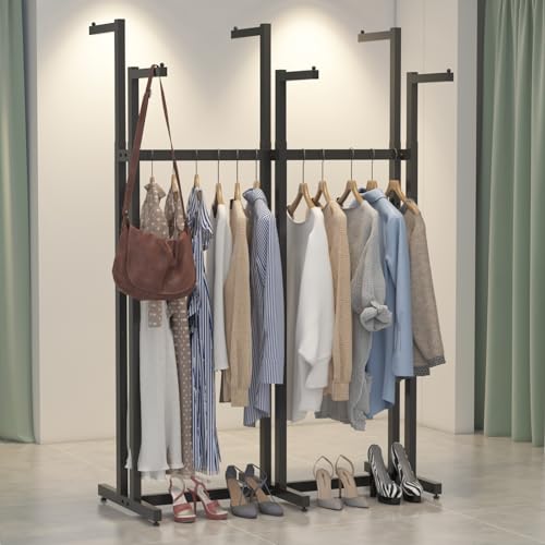 WTPLWD Black Clothes Rack with 6 Straight Arms, Metal Clothing Rack for Hanging Clothes, Freestanding Garment Rack Heavy Duty, 46" to 63" Adjustable Height Retail Clothing Rack for Boutiques Display by WTPLWD - Used condition - US$86.60