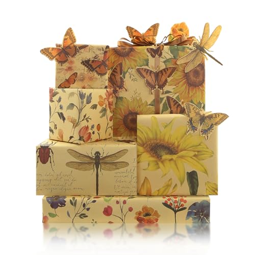 Papier cadeau vintage bohème 6 feuilles avec motifs de libellule et scarabée