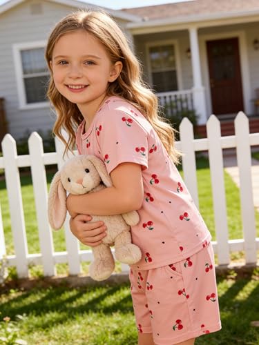 Image of KIDLAGA Girls Two Piece Sets Cherry Pattern Short Sleeve Shirts and Shorts Set With Pockets Girls Summer Outfits Size 7-14
