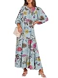 ANRABESS Womens Boho Maxi Dresses 2025 Summer V Neck Puff Sleeve Floral Flowy Swing Casual Long Dress Green Floral Small