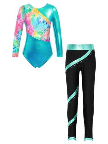 Zaldita Maillot de gimnasia para niños y niñas, manga larga, leotardo con leggings, traje acrobacia, traje de acrobacia, patinaje artístico, Un verde azulado, 146-152