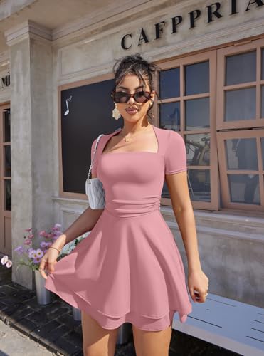 Image of XXTAXN Women's Sexy Square Neck Short Sleeve Ruched Tiered Ruffle Hem Flowy Club Party Mini Dress
