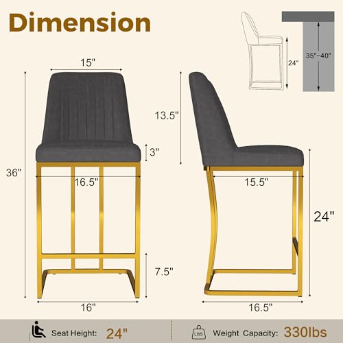 Image of LSSBOUGHT Counter Height Bar Stools Set of 2, Gray Counter Stools with Back and Gold Metal Frame,Modern Barstools with Footrest, Upholstered Pu Bar Chairs for Kitchen Island(2pcs,Dark Gray)