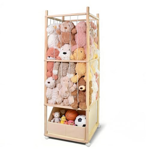 Image of Stuffed Animal Storage with Tiny Toys Tray, Wood Stuffed Animal Zoo Storage with Brake Wheels, Space-Saving Plushie Playhouse for Nursery, Playroom, Kids Bedroom- Easy Assembly