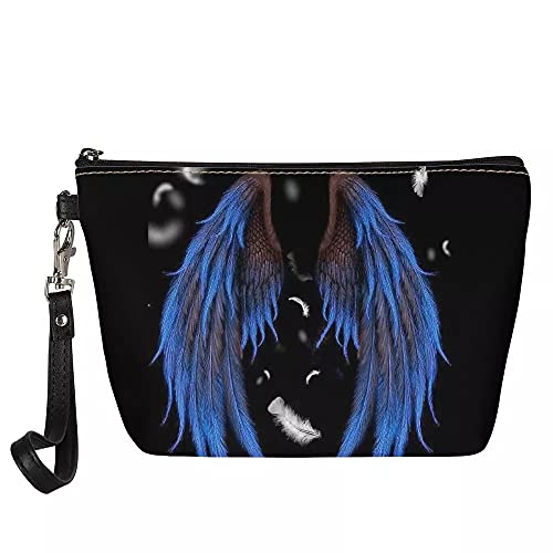 Blue Angel Wings Cosmetic Bags PU Leather Cosmetic Pouch Zip Bag with detachable hand Strap for Ladies Portable Lightweight Black Small Brushes Toiletry Case