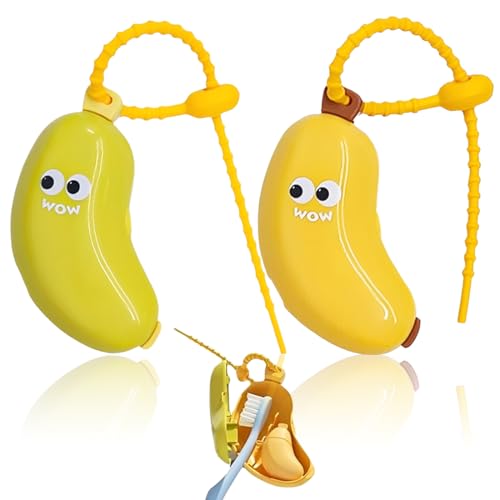 KIRZAX 2 Porta Spazzolino da Viaggio Banana per Bambini, con scatola dentifricio – per famiglia, viaggio, campeggio & viaggi di lavoro