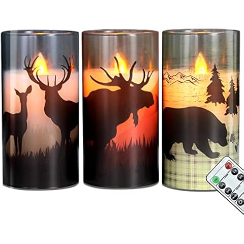 SHYMERY Flameless Flickering LED Canles with 6H Remote Timer,Battery Operated Real Wax and Glass Rustic Candles with Deer, Moose,Bear Decals for Cabin,Country, Western Home Decor Christmas (D3 x H6) Cover
