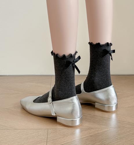 Image of Womens Bow Socks Ruffle Casual Crew Black Whitte Soft Breathable Cotton 4 Pairs Socks