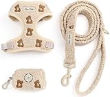 MAISON MALIBU Embroidered Matching Dog Harness and Leash Set with Poop Bag – No Pull, Adjustable, Padded, Breathable Harness for Puppies, Extra Small Dogs, Small Dogs, and Medium Dogs (Small)