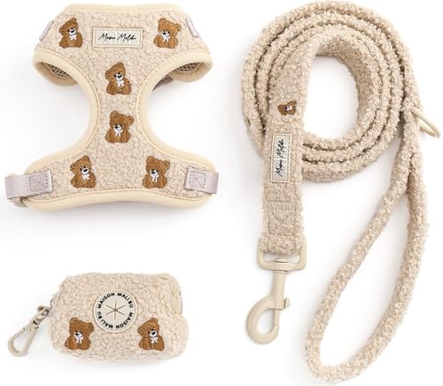 MAISON MALIBU Embroidered Matching Dog Harness and Leash Set with Poop Bag – No Pull, Adjustable, Padded, Breathable Harness for Puppies, Extra Small Dogs, Small Dogs, and Medium Dogs (Extra Small)