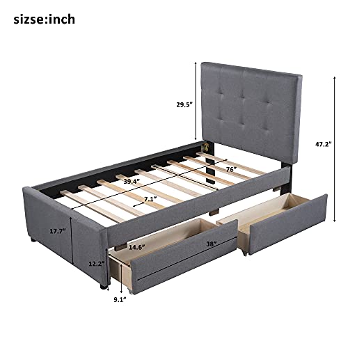 Meritline Twin Platform Bed With Storage Drawers, Linen Upholstered Bed With Headboard, Twin Size Daybed Frame For Kids Teens Adults, No Box Spring Needed (Twin, Gray With Drawers) #TOP1