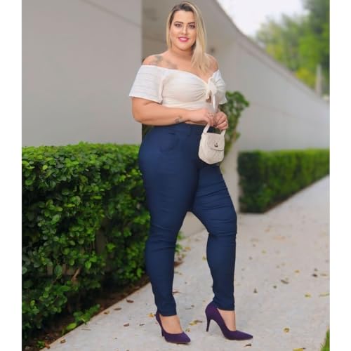Kit 2 Calças Feminina Plus Size Social Com Bolso E Cinto Tecido Bengaline Modelador Modela No Corpo