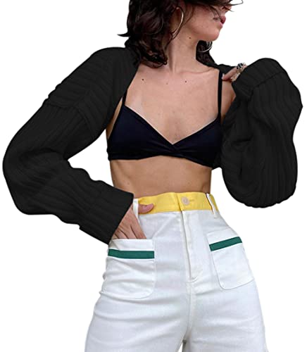 Shbecyde Women Solid Open Front Knit Crop Cardigan Shrug Loose Long Sleeve Drop Shoulder Cropped Knitted Sweater Vintage Black #TOP25