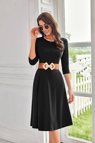 GRACE KARIN Womens 2025 Trendy Dresses Crew Neck 3/4 Sleeve A Line Loose Casual Midi Dress with Pockets3