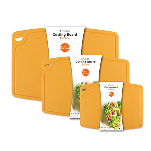 Liflicon Thick Cutting Boards Set of 3pcs Large 14.6'' x 10.43'',Middle 12.6'' x 9.1”, Mini 9.1”x7.1” BPA Free, Juice Grooves Easy Grip Handle Dishwasher Safe Non-Porous for Kitchen,Chif-Yellow