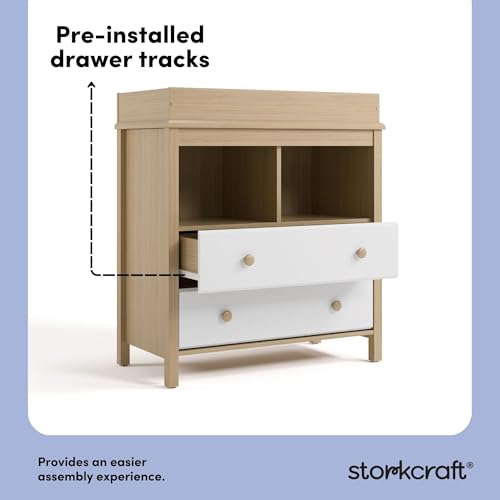 Image of Storkcraft Alpine Nursery Changing Table Dresser Combo (White with Driftwood) - GREENGUARD Gold Certified, Dresser for Nursery, Changing Table with Drawers, Removable Changing Table Topper