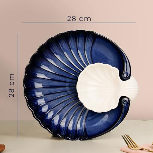 Image of The Earth Store Blue Sea Shell Ceramic Platter Set of 1 | Microwave & Dishwasher Safe Chip and Dip Serving Platter for Snacks, Starter, Fruits, Salad, Sweets & Appetizers