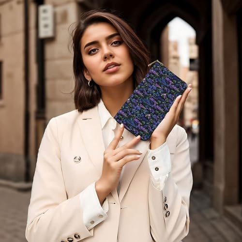 Leather Thin Slim Wallets for Women Men - Fashion Lavender Plant Print Card Wallet Holder with Zipper 6