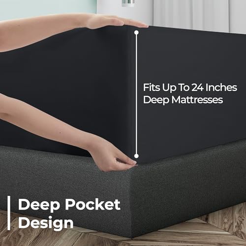Image of Royale Linens Extra Deep Pocket Twin Fitted Sheet Only - Twin Size Deep Pocket Black Fitted Sheet - Fits 18 inch to 24 inch Thick Mattress - Soft & Breathable Elastic Sheets (39x75 Inches, Black)