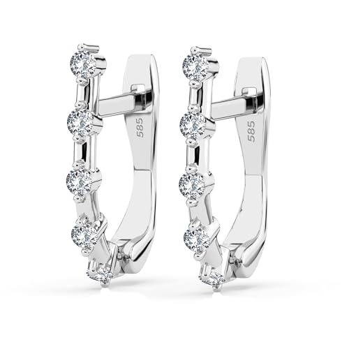 Aros de Oro Blanco 585 con 10 Diamantes 0.2 ct - Pendientes de Aro para Mujer en Oro Auténtico - Joya Clásica