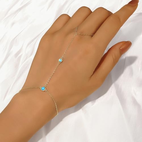 SUYACS 14K Gold Plated Birthstone Hand Chains Bracelet for Women Dainty Red Cubic Zirconia Turquoise Stone Finger Ring Slave Bracelet Jewelry Birthday Summer Gifts for Mom Friends3