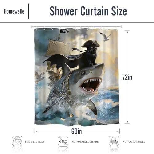 Image of Funny Black Cat Shower Curtain Riding Shark 60Wx72H Inch Decor