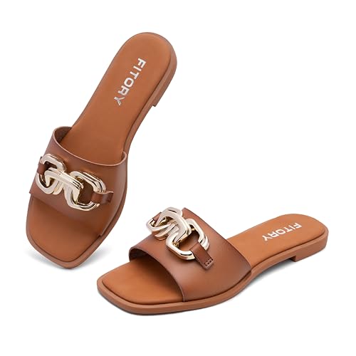 Image of FITORY Women's Flat Sandals Fashion Slides With Soft Leather Slippers for Summer Size 6-11
