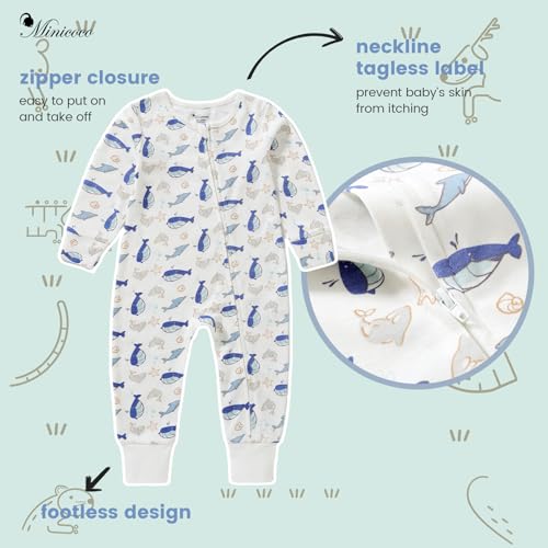 Organic Cotton Baby Footies, 0-24 Months Soft One Piece Footies, Zipper Cotton Bodysuit Long-Sleeve Rompers 2-Pack2