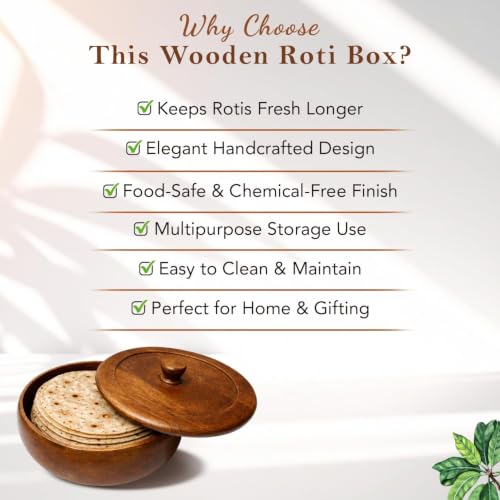 Image of Premium Wooden Roti Box with Lid | Handmade Chapati Storage Container | Insulated Bread Keeper for Kitchen & Dining | Traditional Round Roti Dabha for Serving & Storage.