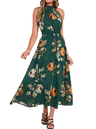 Simplee Womens Summer Halter Wedding Guest Dress Maxi Floral Vacation Boho Sundresses Flowy Formal Long Travel Dresses 2026(X-Large,Green)
