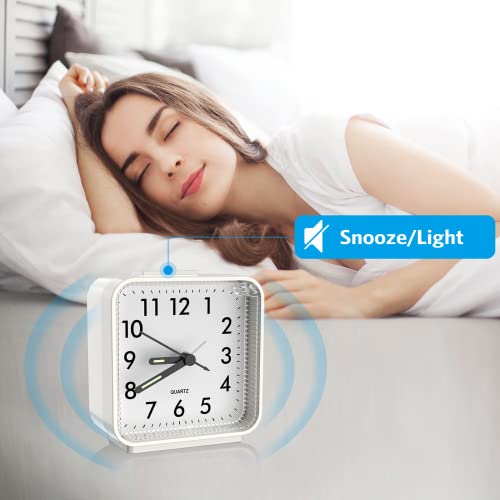 Amir Analog Silent Non Ticking Small Clock, Travel With Snooze & Light, Ascending Beep Sounds, Battery Operated Loud Alarm Clock For Bedroom (White) #TOP2