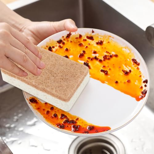 Image of 12pcs Natural Sponges for Dishes, Biodegradable Compostable Cellulose and Coconut Scrubber Sponge, Non-Scratch Reusable Cleaning Sponge for Removing Dirt and Oil in The Kitchen(Brown+White)