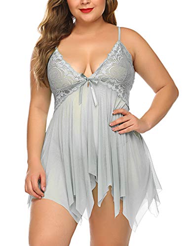 Avidlove Plus Size Lingerie Set,Loose Curvy Flowy Babydoll,See Through Bow Floral Lace Negligees for Women Grey