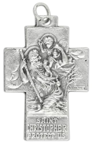 Pack of 5 - Holy Family/St. Christopher Cross Shaped Medal 1 1/4" Silver Oxidized Medals for Catholic Jewlery Making - Made in Italy2
