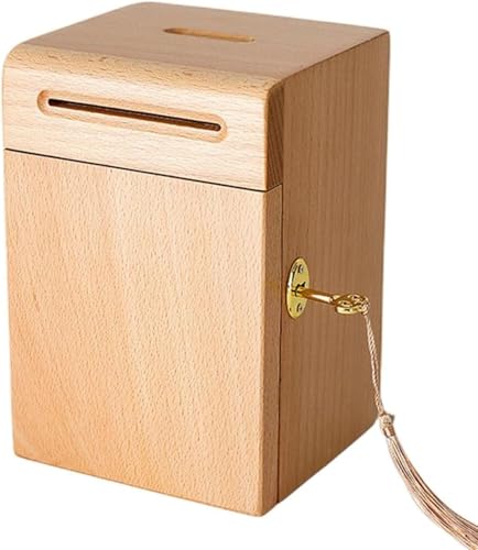 貯金箱 大容量の木製の 貯蓄ボックス 鍵付き 大きい お札 北欧 おしゃれ お札 詰まりにくい 小物入れ アンティーク シンプルなデザイン ケヤキ材/くるみ材 保存可能 小物収納ボックス (クルミ)