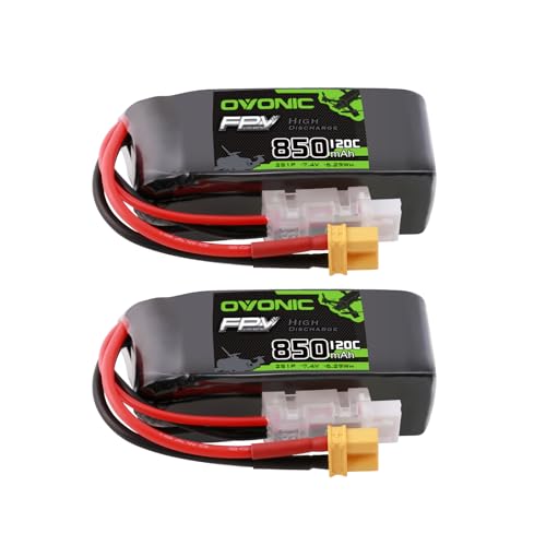 OVONIC 2S - Batería Lipo de 850 mAh 7.4 V 120 C con enchufe XT30 para RC Coche, Camión RC, Vehículos RC, Avión, Drone, RC Avión, Quadcopter, Helicóptero, FPV Racing Hobby Modelos [2 piezas]