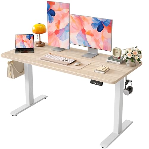 TIQLAB 55 * 24 Inches Electric Standing Desk, Adjustable Height Stand up Desk, Sit Stand Home Office Table with Splice Board, Light Walnut