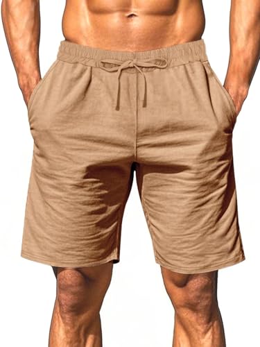 Generic - Men's Casual Linen Shorts - Lightweight Lounge-Wear with Elastic Waistband, Relaxed Fit, Khaki, Medium - Best Deal on Amazon