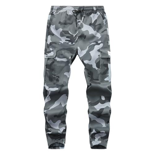 Buytop Mens Casual Cargo Pants Stretch Elastic Waist Drawstring Joggers Pants Workout Pants Multi Pockets(W601Camo-Gray-03-M)