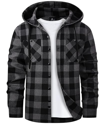Mens Hoodie Flannel Shirts Long Sleeve Shirt Casual Plaid Button Down Stylish Hooded Jacket Shirts with Pocket Dark Grey