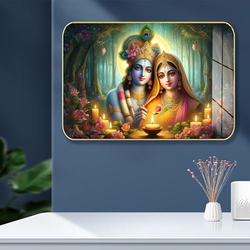 Image of Masstone Radha Krishna Crystal Embedded High Gloss Wall Painting, Golden Slim Frame, 45x30 Cm Wall Art for Living Room, Bedroom, Office & Home Decor (CRG32)