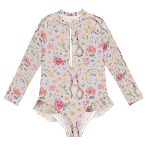 Rabbit Flowers One Piece Swimsuit for Girls Quick Dry Rashguard Girls' Swimwear 3T