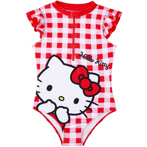 Hello Kitty Girls Swimsuit One Piece Summer Bathing Suit Front Zip Ruffle Sleeve Swimwear Kawaii Beach Outfits 514Y (11-12 Years Red/White Hello Kitty)