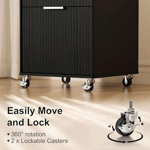 Image of 3 Drawers Fluted Mobile File Cabinet with Lock, Rolling File Cabinet Printer Stand Table, Under Desk Wooden Filing Cabinets for Home Office Essentials Storage Organization Furniture Letters /A4(Black)