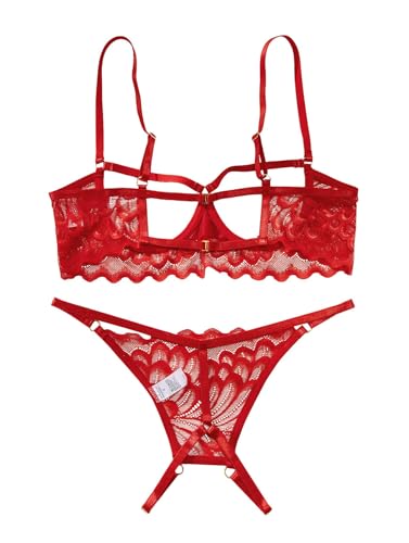 Image of Lilosy Sexy Underwire Floral Lace Sheer Lingerie Set for Women See Through Bra and Panty 2 Piece