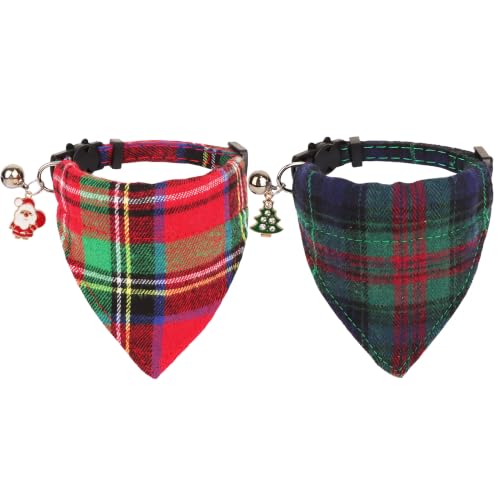ADOGGYGO Christmas Cat Bandana Collar, Plaid Xmas Cat Collar with Bell
