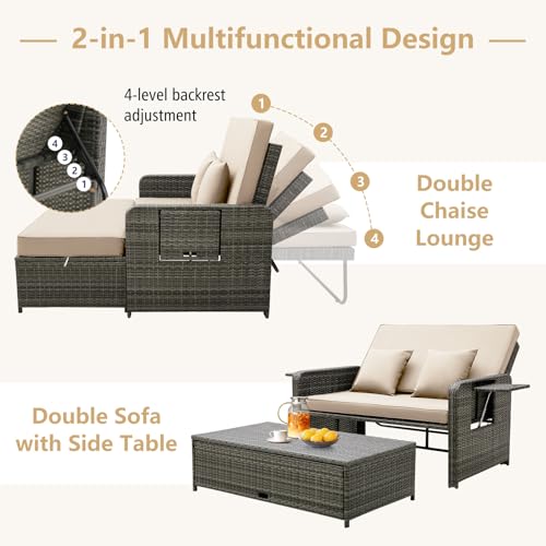 image for Tangkula Patio Rattan Daybed Set, Wicker Loveseat Sofa w/Multipurpose 