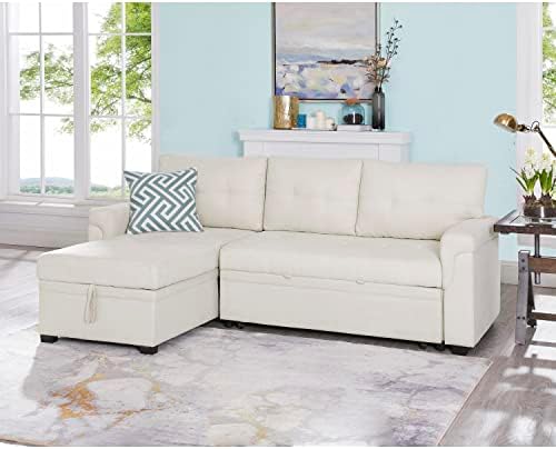 Naomi Home Laura Sectional Sleeper Sofa - Elegant L-Shaped Couch Convertible Pull-Out Bed, Ample Storage, Timeless Design, Sturdy Construction, Long-Lasting for Modern Living, Velvet, Cream