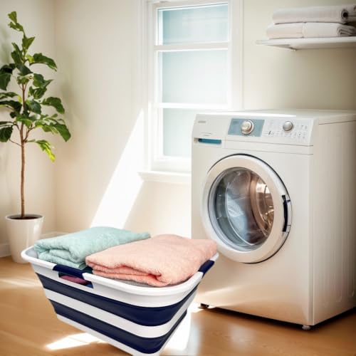 Image of SAMMART 42 (11 Gallons) Collapsible Plastic Laundry Basket, Foldable Pop Up Storage Container /Organizer, Space Saving Hamper, Portable Bin for Dorm Room Bathroom (1, White /Starry Blue)